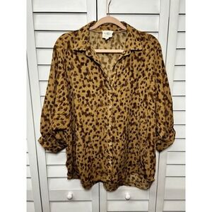 Umgee Leopard Print Oversized Dolman Sleeve Button Down Tunic Top Size Small
